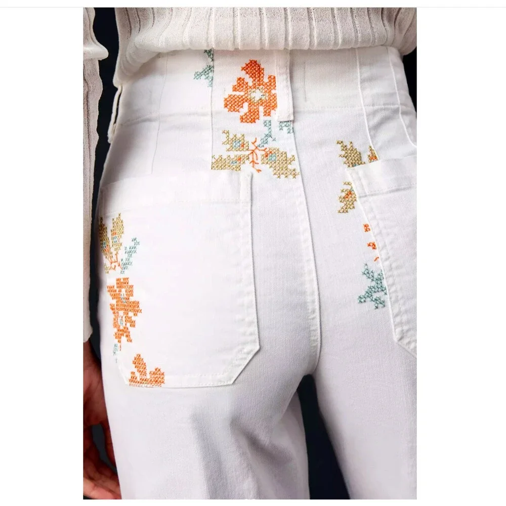 Maeve Anthropologie Colette Jeans 30 White Floral Embroidered Crop Wide Leg Boho